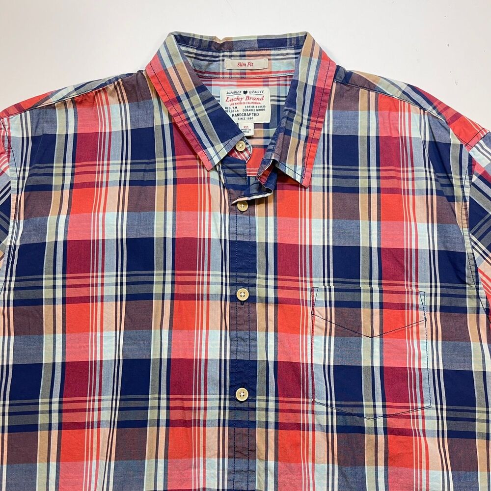 LUCKY BRAND short sleeve plaid camp Shirt Sz Mens XL